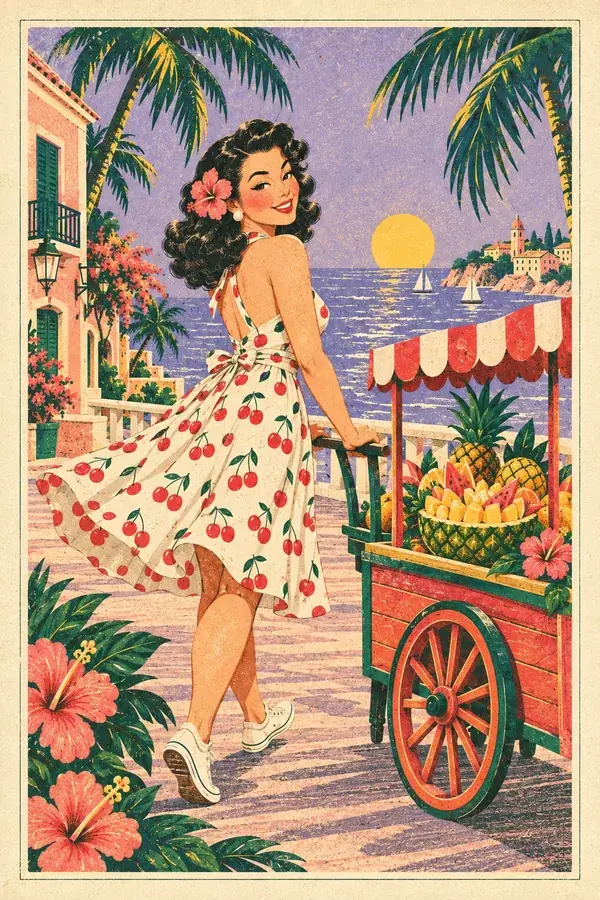 Pin-up in a cherry-print dress pushing the cart along the boardwalk