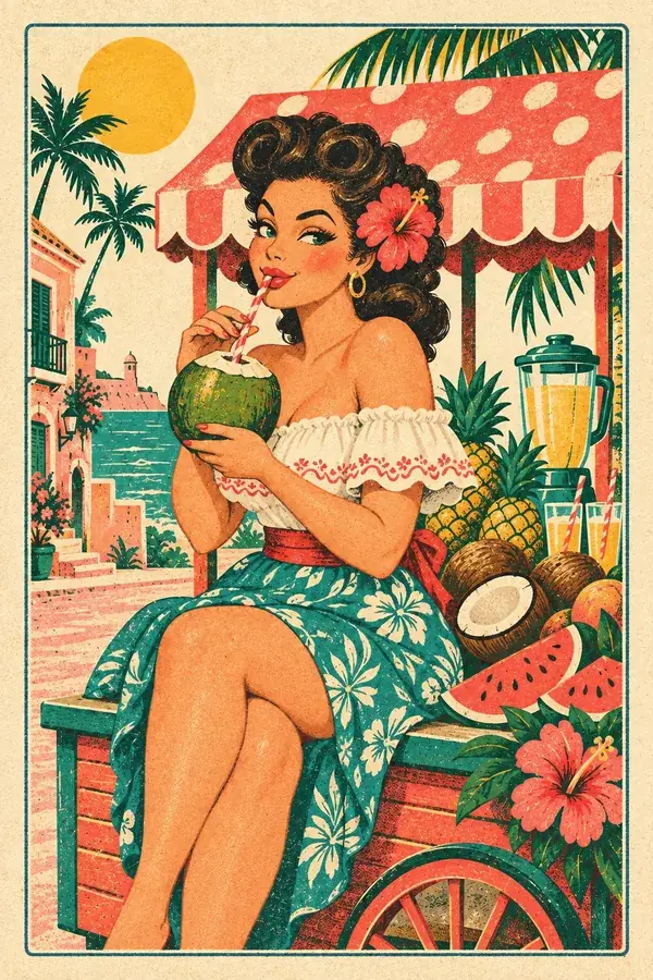Pin-up sitting on the cart sipping from a green coconut